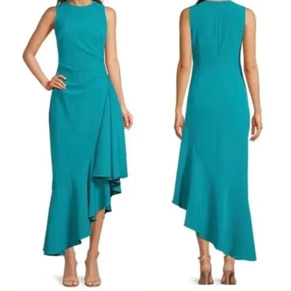 Eliza J Asymmetrical Sleeveless Midi Ruched Blue Cocktail Dress